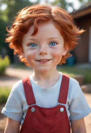 With wide-eyed wonder, a ginger-haired child in overalls holds a glass of milk, standing in a sunlit kitchen. The scene captures the innocence and simplicity of childhood.の素材
