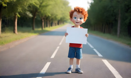 A small boy with curly red hair cheerfully holds a blank sign while standing on an empty country road lined with trees. The scene is filled with anticipation and adventure.の素材