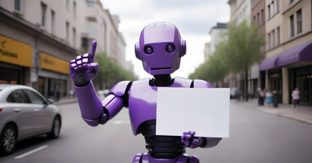 A purple robot stands on a city sidewalk, gesturing with one hand while holding a blank sign in the other, poised to deliver a message.の素材