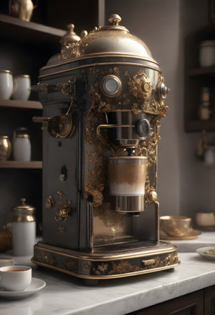 An elaborately detailed baroque-style coffee machine stands proudly in a refined kitchen, showcasing intricate craftsmanship.の素材