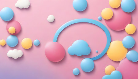 Soft pastel tones form an abstract cloudscape, where circular shapes and fluid lines create a sense of calm and serenity. The artwork presents a dreamy and minimalist aesthetic.の素材