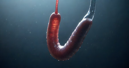 A detailed close-up of an earthworm wriggling on a fish hook submerged in water, showcasing the creatures anatomy and survival instinct.の素材