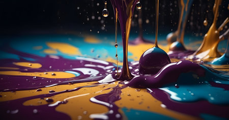 Vivid paint droplets perform a fluid dance on a sleek surface, where each color pops against the dark, capturing the essence of movement and art in unison.の素材