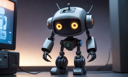A retro-styled robot with warm illuminated eyes captures the charm of classic science fiction, a nostalgic nod to the early imaginings of AI companions.の素材
