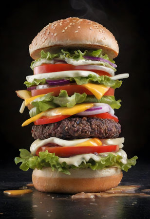 A towering hamburger with layers of juicy patties, melted cheese, and crisp vegetables, stands tall with flames leaping from the top, evoking the intensity of its flavor.の素材