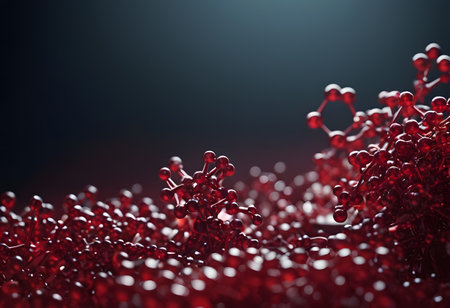 A detailed image of a molecule composed of red balls is set against a dark backdrop, resembling the beauty of natural materials in creative artsの素材
