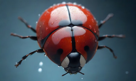 A close-up of a ladybug suspended on a twig in a world of shimmering dewdrops, reflecting the minute marvels of nature.の素材