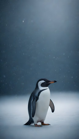 A Gentoo penguin stands confidently on an ice floe, with its colony in the distance. The falling snowflakes add a touch of tranquility to the Antarctic scene.の素材