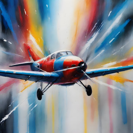 An airplane ascends into the sky, its flight captured with a burst of colorful flair, symbolizing the excitement and freedom of air travel.の素材