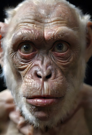 A close-up of a wistful ape with striking human-like eyes set against a dark backdrop. The detailed facial texture accentuates a contemplative expression. AI generationの素材