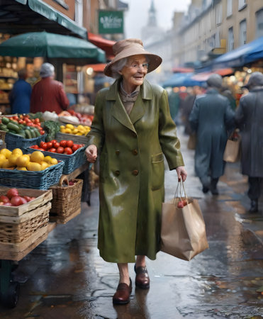 An elderly lady in a classic green overcoat walks through a rainy market street, carrying a paper bag of groceries. Her content smile suggests a story of habitual routine and simple pleasures. AI generationの素材