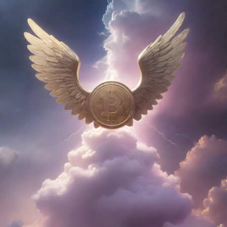 Amidst fluffy white clouds under a blue sky, a golden Bitcoin with wings symbolizes financial freedom and the elevation of digital currency. AI generationの素材