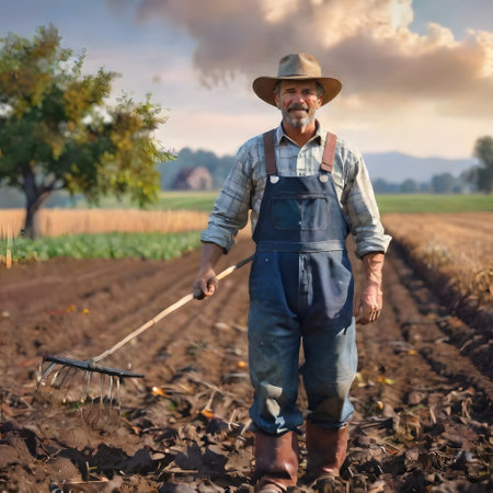 A smiling farmer with a rake stands proudly on freshly tilled soil, the golden hour casting a warm glow on the rural scene. His time-honored attire speaks of tradition and hard work. AI generationの素材