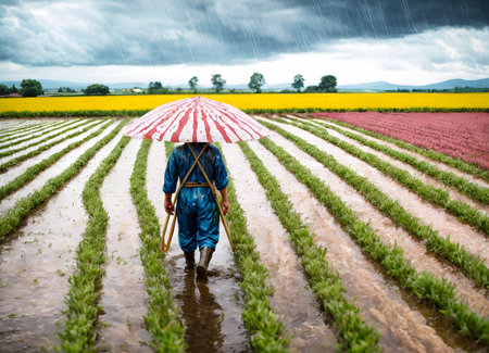 A farmer, shielded by a striped umbrella, carefully navigates a path between lush green plants and vibrant flower beds, as rain pours down in a soothing rhythm against the rural tapestry. AI generationの素材