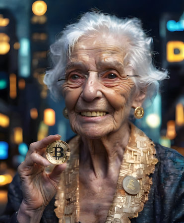 A joyful senior woman displays several Bitcoin tokens, her face alight with a bright smile amidst the neon glow of the city night. Her attire and vibrant spirit showcase a delightful blend of age and modernity. AI generationの素材