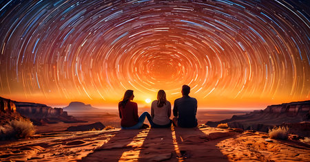 A family enjoys a tranquil desert sunset, embraced by the stunning visual of star trails in motion. The connection between land and sky is breathtakingly captured. AI generation AI generationの素材