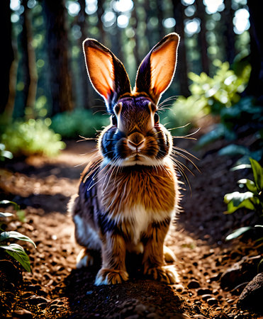 The twilight casts a mystical glow on a rabbit in the forest, creating a captivating scene of natural splendor. Its poised stance adds to the images magical ambiance. AI generation AI generationの素材