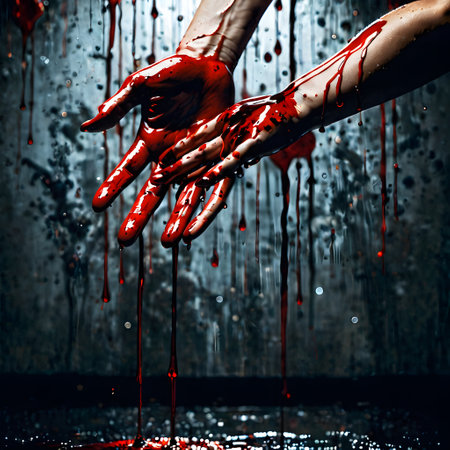 Hands coated in glossy red liquid reach out against a dark backdrop, evoking a sense of mystery and drama. The stark contrast and vibrant red create a visually striking image. AI generation AI generationの素材