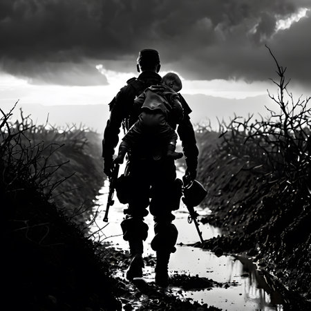 The silhouette of a soldier holding a childs hand emerges against a dramatic sky, evoking a narrative of hope and perseverance. The clouds add a dynamic backdrop to this powerful moment. AI generation AI generationの素材