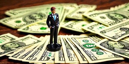 A tiny businessman figure in a black suit stands triumphantly on a pile of US dollars, projecting an image of financial mastery and corporate success. The use of light creates a dramatic effect, underscoring the power and influence in finance. AI generation AI generationの素材
