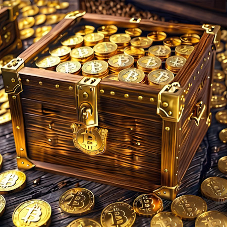 A wooden chest with a secure Bitcoin lock, brimming with golden Bitcoin coins, stands on a reflective surface amid scattered cryptocurrency. This image symbolizes the tangible value of digital currency in todays economy. AI generation AI generationの素材