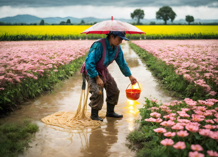 A craftsman carefully rinses handmade noodles in a waterlogged flower field, under a whimsical umbrella. AI generationの素材