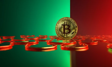 A single Bitcoin coin is illuminated by contrasting green and red lights. The dual-tone lighting adds a dramatic effect to the cryptocurrency concept. AI generationの素材