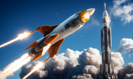 Two spacecraft ascend side-by-side against a clear blue sky, showcasing a synchronized launch. The image captures a moment of triumph in aerospace technology, where precision and power coalesce. AI generationの素材