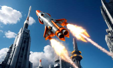 A space shuttle surges past towering skyscrapers, leaving a resounding statement of human progress. The contrast between man-made marvels and the wonders of space travel is strikingly portrayed. AI generationの素材