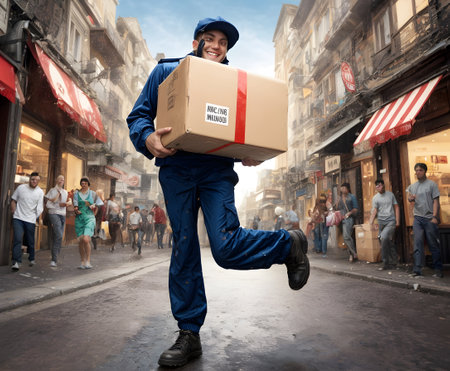 A cheerful postal worker swiftly delivers packages on a city street, his positive demeanor enhancing the delivery experience. AI generationの素材