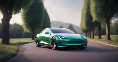 A cutting-edge green Tesla car glides along a serene countryside road, a blend of luxury and sustainable technology. AI generationの素材