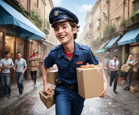 A jovial delivery man energetically carries parcels along a bustling city street, bringing a personal touch to package delivery. AI generationの素材