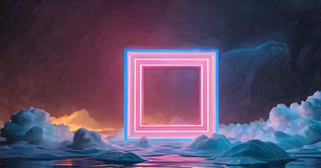 A neon-lit square portal stands as a gateway to an electrified sky, nestled among surreal clouds in a dream-like landscape. AI generationの素材
