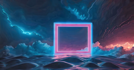 A neon-lit square portal stands as a gateway to an electrified sky, nestled among surreal clouds in a dream-like landscape. AI generationの素材