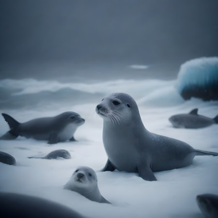 Seals lounge on the icy surface with a stunning underwater view behind them. The familys expressions are a blend of curiosity and relaxation in their frigid home. AI generationの素材