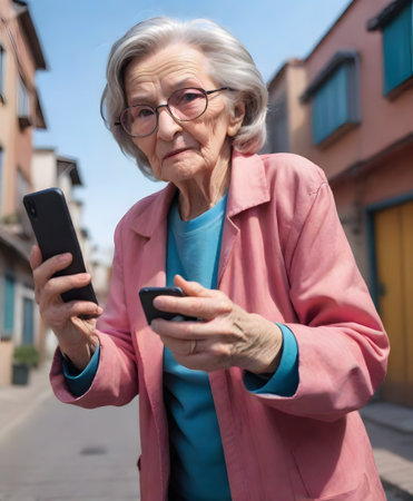 A stylish senior woman captures a selfie moment on her phone against the backdrop of an urban street, showing age is just a number when it comes to enjoying technology. AI generationの素材