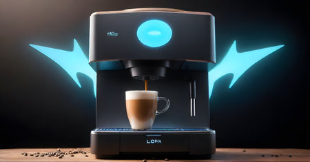 A sleek, modern espresso machine lights up with blue neon accents, providing a futuristic take on coffee brewing. AI generationの素材