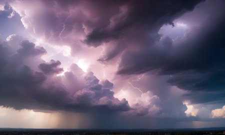 A dramatic thunderstorm unfolds with lightning strikes illuminating the twilight sky over a serene landscape, a stunning display of natures power. AI generationの素材