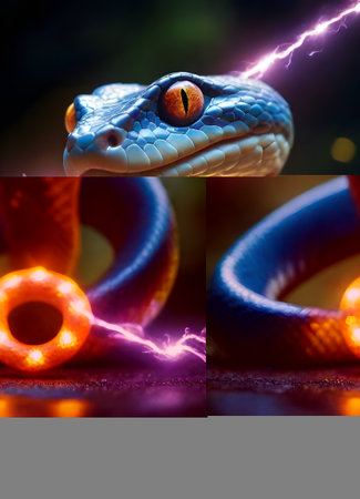 A serpent exudes a fiery essence, its scales reflecting a dance of flames, set against a backdrop of mystical green, evoking ancient myths and elemental power. AI generationの素材