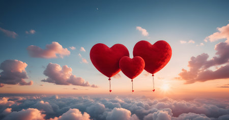 In an imaginative sky, a Cupid perches atop heart-shaped balloons, arrow poised, against a cloud that forms a love symbol, creating a whimsical scene of romance. AI generationの素材