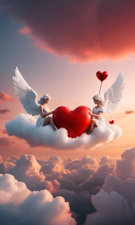 As the sun sets, two heart balloons merge in the sky, casting a silhouette against the vibrant hues of the clouds, embodying unity and passion. AI generationの素材