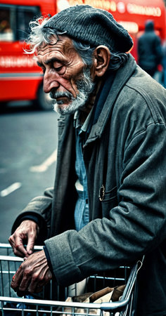 An aged man with a weathered face and deep wrinkles stands behind a shopping cart, his gaze lowered in contemplation. The city bustle fades behind him, highlighting the solitude of his figure amidst the urban rush. AI generationの素材