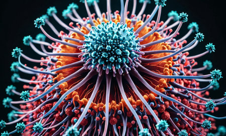 This image presents a detailed 3D visualization of a virus particle, adorned with blue spikes and red surface proteins. The visual emphasizes scientific accuracy within an artistic interpretation. AI generationの素材