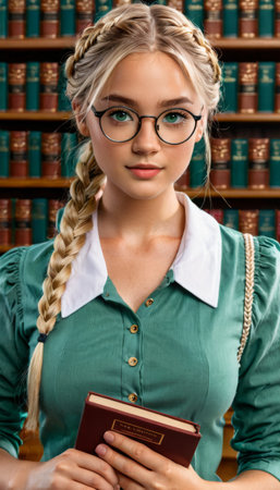 Clutching a brown book, a young reader stands in a library, her green and white ensemble blending seamlessly with the academic environment. Her expression is one of concentration and the pursuit of knowledge. AI generationの素材