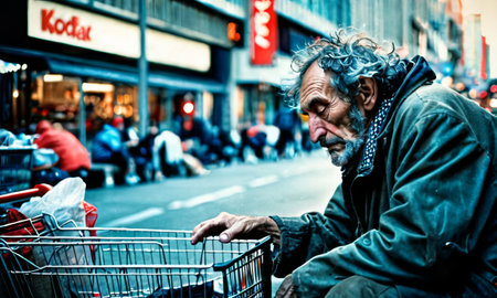 A weathered man rests on his shopping cart on a busy city street, lost in thought among the urban flow. His contemplative state offers a silent narrative amidst the city noise. AI generationの素材