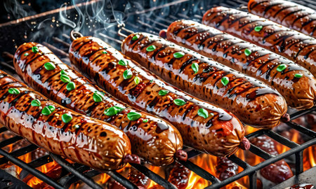 Juicy hot dogs on an open grill, flames licking the edges as they cook. The sausages glisten with a topping of green scallions and sesame seeds, promising a delicious bite. AI generationの素材
