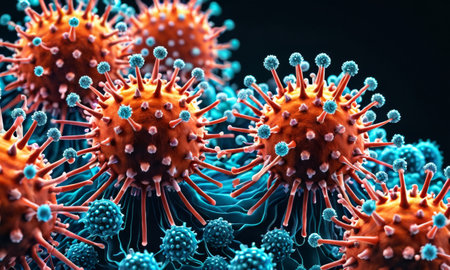 A detailed visualization of virus particles, highlighting the complex structure and surface proteins. This imagery serves as an educational tool to understand viral mechanisms. AI generationの素材