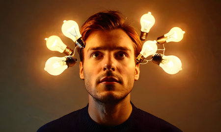 An image capturing a man surrounded by light bulbs, with a serious expression as if in deep thought or on the brink of an idea. The bulbs form a halo of inspiration around him. AI generation AI generationの素材