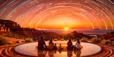 A family sits together on a desert overlook, gazing at a spectacular sunset. The sky above them is a canvas of star trails, illustrating the earths rotation. AI generation AI generationの素材