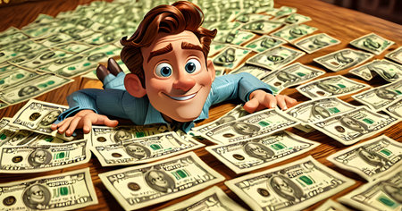A delighted animated man with a big smile swims in a sea of cash, symbolizing wealth and financial success. The scene is rich with detail, showcasing various denominations of dollar bills spread across a wooden floor. AI generation AI generationの素材